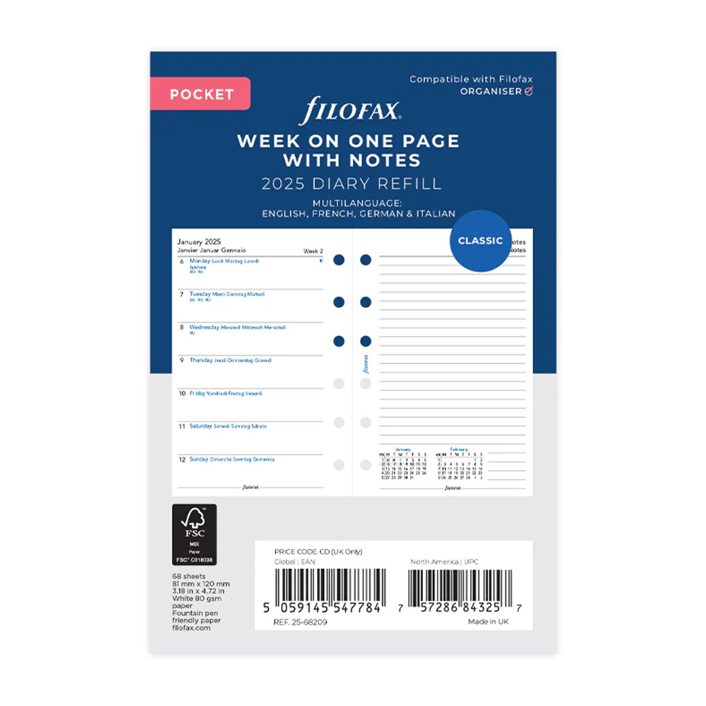 Filofax Week on One Page Diary with Notes Pocket 2025 Multilanguage